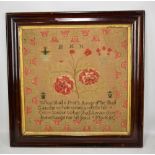 A sampler with floral detail and biblical verse from the Gospel of Mark chapter 8, 41 x 41cm, framed