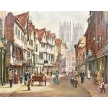 STEVEN SCHOLES (born 1952); oil on canvas, 'Petergate, York 1908', figural street scene with York