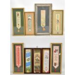 Nine framed and glazed silk bookmarks including Lady Godiva, 'A Birthday Wish', 'Merry Christmas'