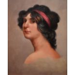 UNATTRIBUTED; oil on board, portrait of a young lady wearing pink ribbon in her hair, unsigned, 24.5