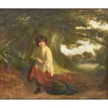 19TH CENTURY ENGLISH SCHOOL; oil on board, study of a young boy in landscape beneath tree holding