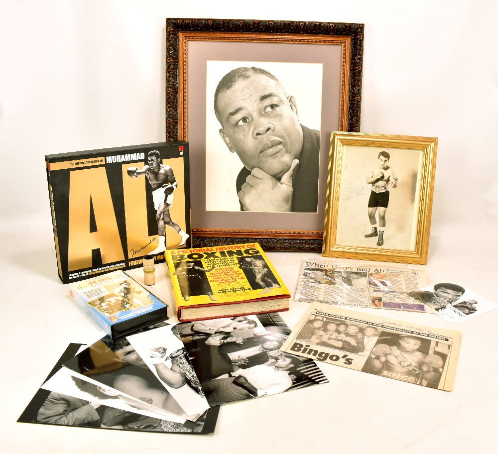 A collection of boxing ephemera including a large black and white signed photograph of Joe Louis,