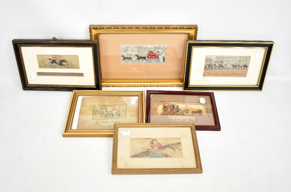 Six Stevengraphs and silk works including 'The Lady Godiva Procession', ' The Good Old Days', 'Ye