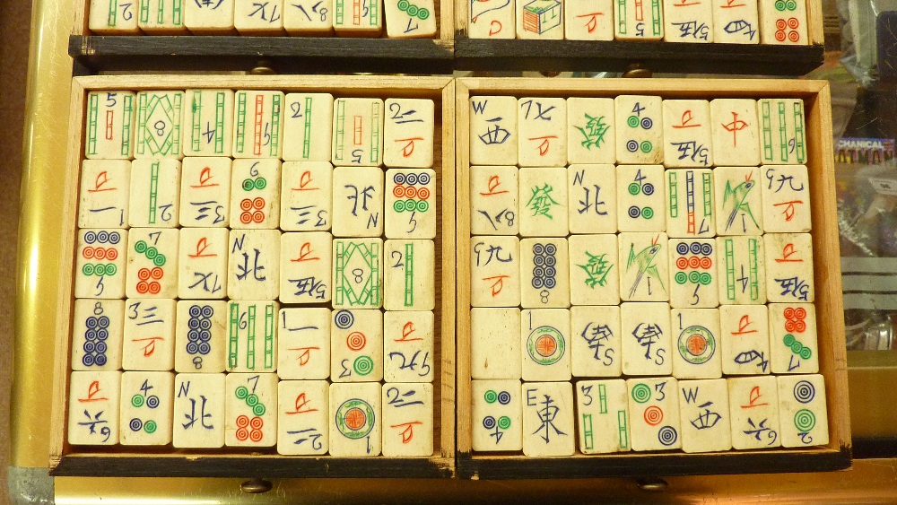 A Chinese Mah-Jong set with bone and bamboo tiles in wooden case and a rule set.Additional - Image 2 of 5