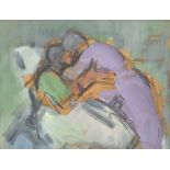 GHISLAINE HOWARD (born 1953); oil on board, couple embracing, signed verso, 14.5 x 20cm, framed (