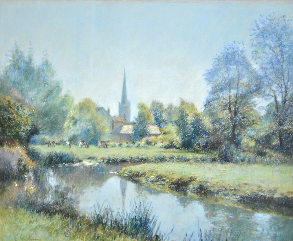 ROBERT 'BOB' RICHARDSON (born 1938); pastel study, a church steeple from the banks of a river,