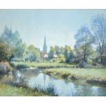 ROBERT 'BOB' RICHARDSON (born 1938); pastel study, a church steeple from the banks of a river,
