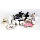 A quantity of ceramics relating to Wales including cups, teapot, moustache cup, basket and figures.