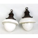 WITHDRAWN A pair of copper ceiling lights with opaque white glass shades, diameter approx 30cm.