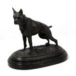 AFTER MENE; a modern bronze figure of a boxer dog on oval plinth, height 28cm.