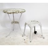 A white painted aluminium floral decorated two tier garden table and a stool (2).