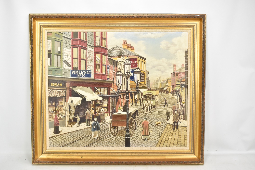 PATRICK BURKE (born 1932); oil on board, Northern street scene with figures and horse drawn carts, - Image 2 of 3