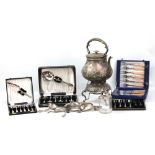 A mixed lot of electroplated items including kettle on stand, cased and loose flatware, etc.