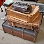 A canvas travelling trunk, length 91cm (af), two leather suitcases and a leather Gladstone bag
