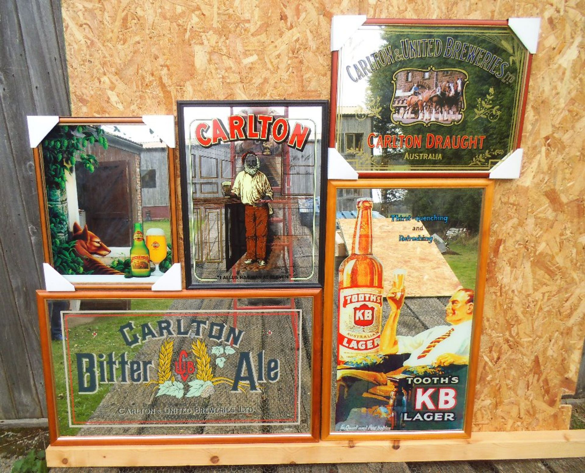 Five Australian beer advertising mirrors, height of KB Lager mirror 98cm.