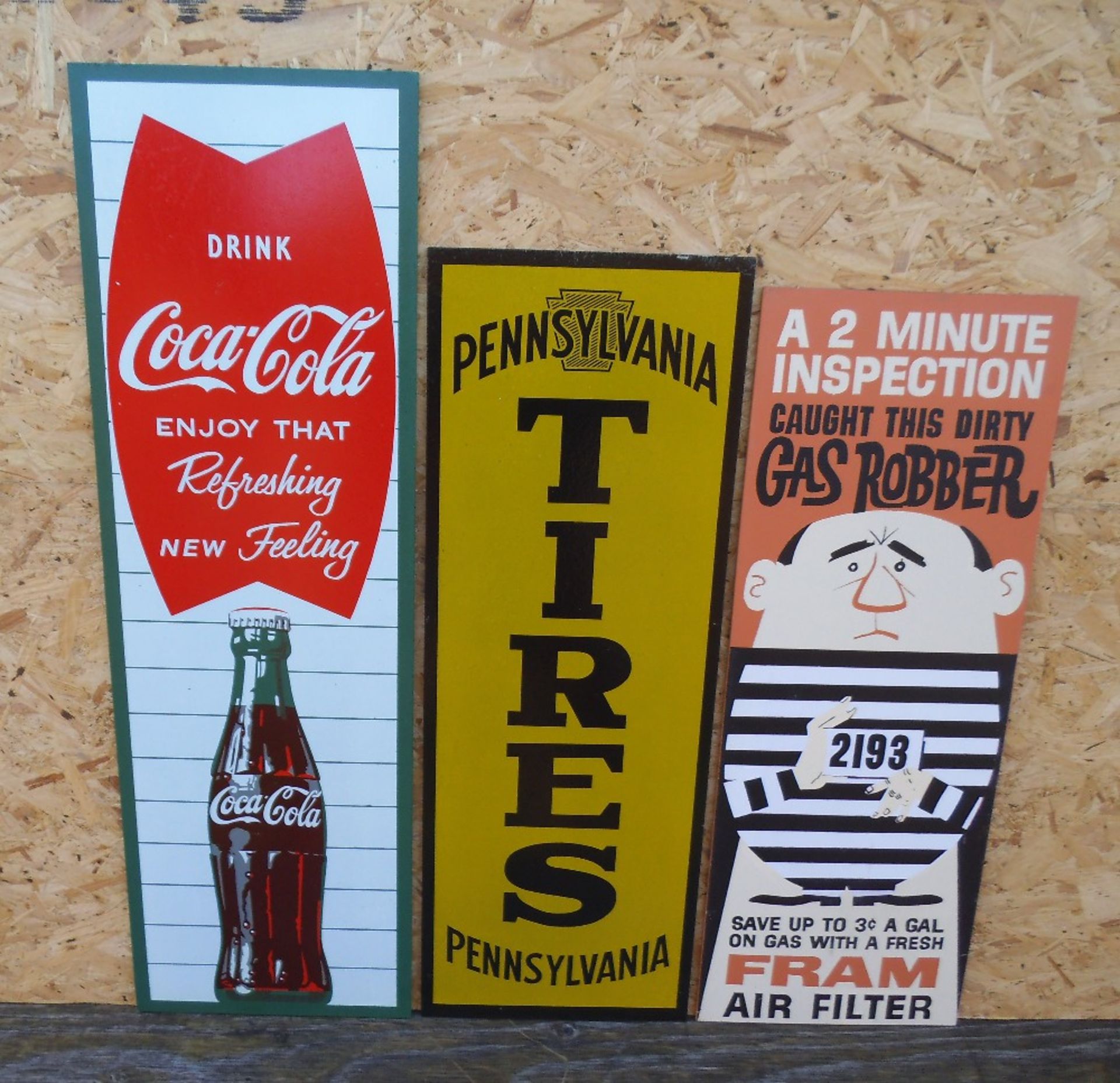 Three reproduction advertising signs, Coke height 99cm.