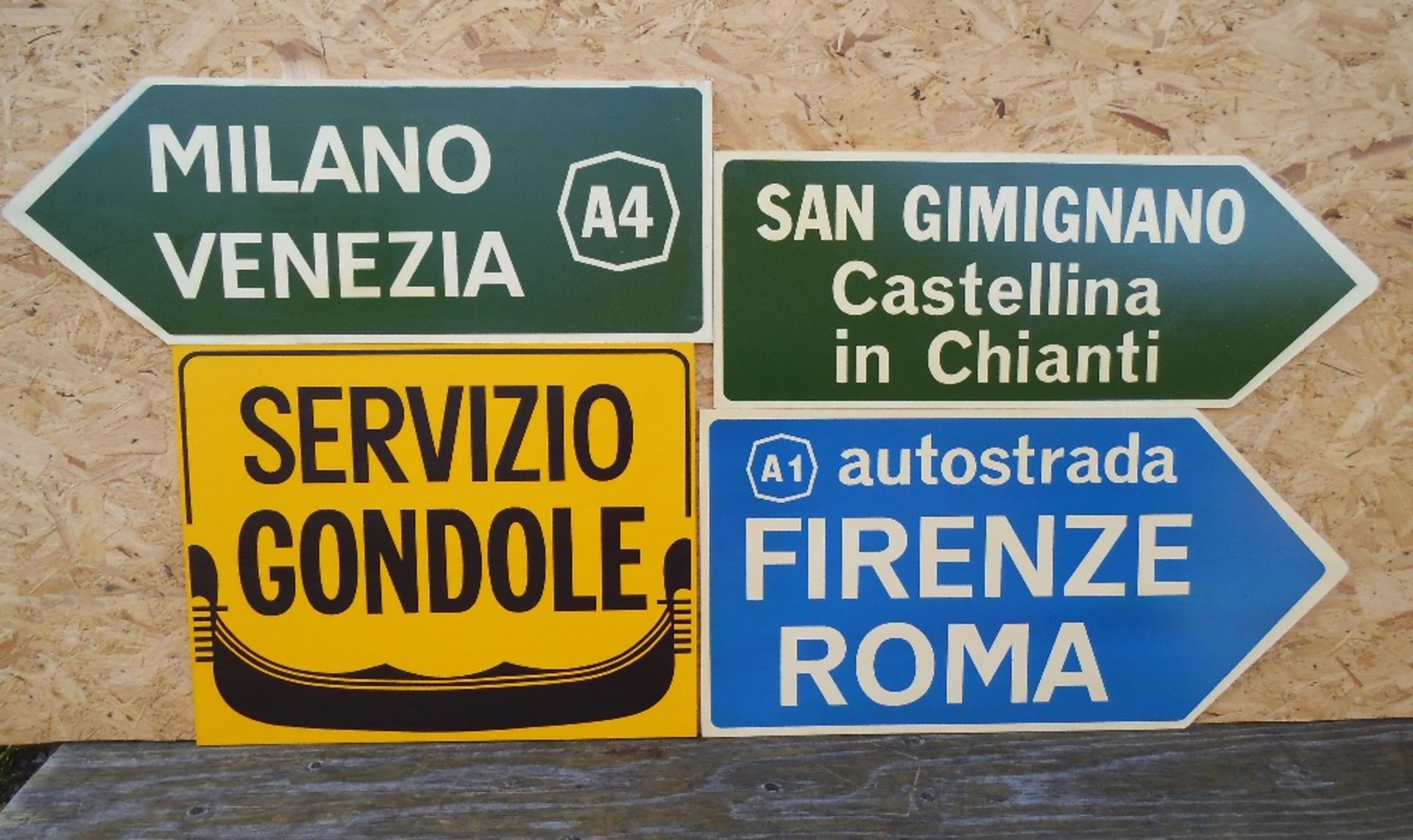 Four reproduction wooden street signs, Firenze Rome 81 x 41cm.