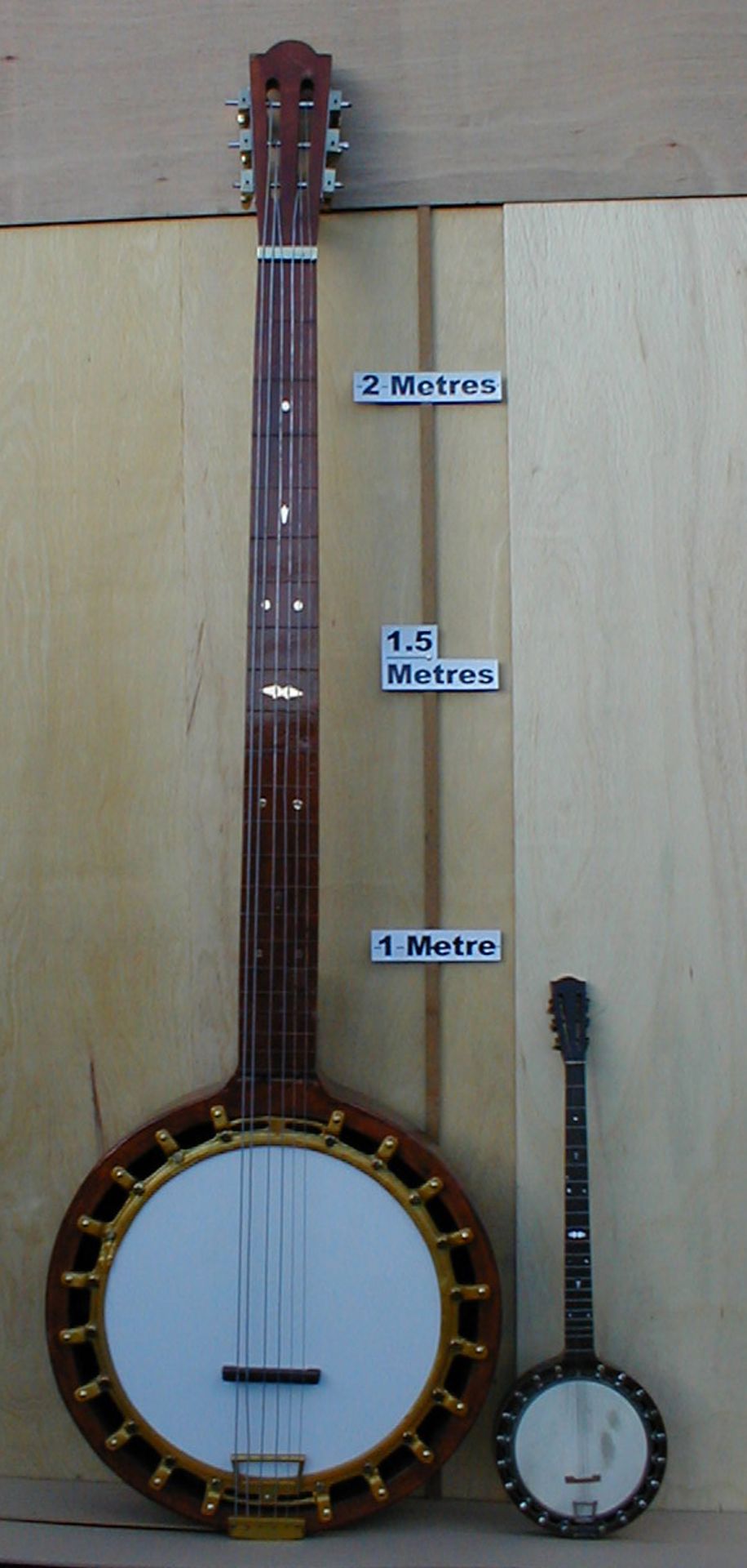 A large scale model of a banjo, 260 x 77 x 18cm.