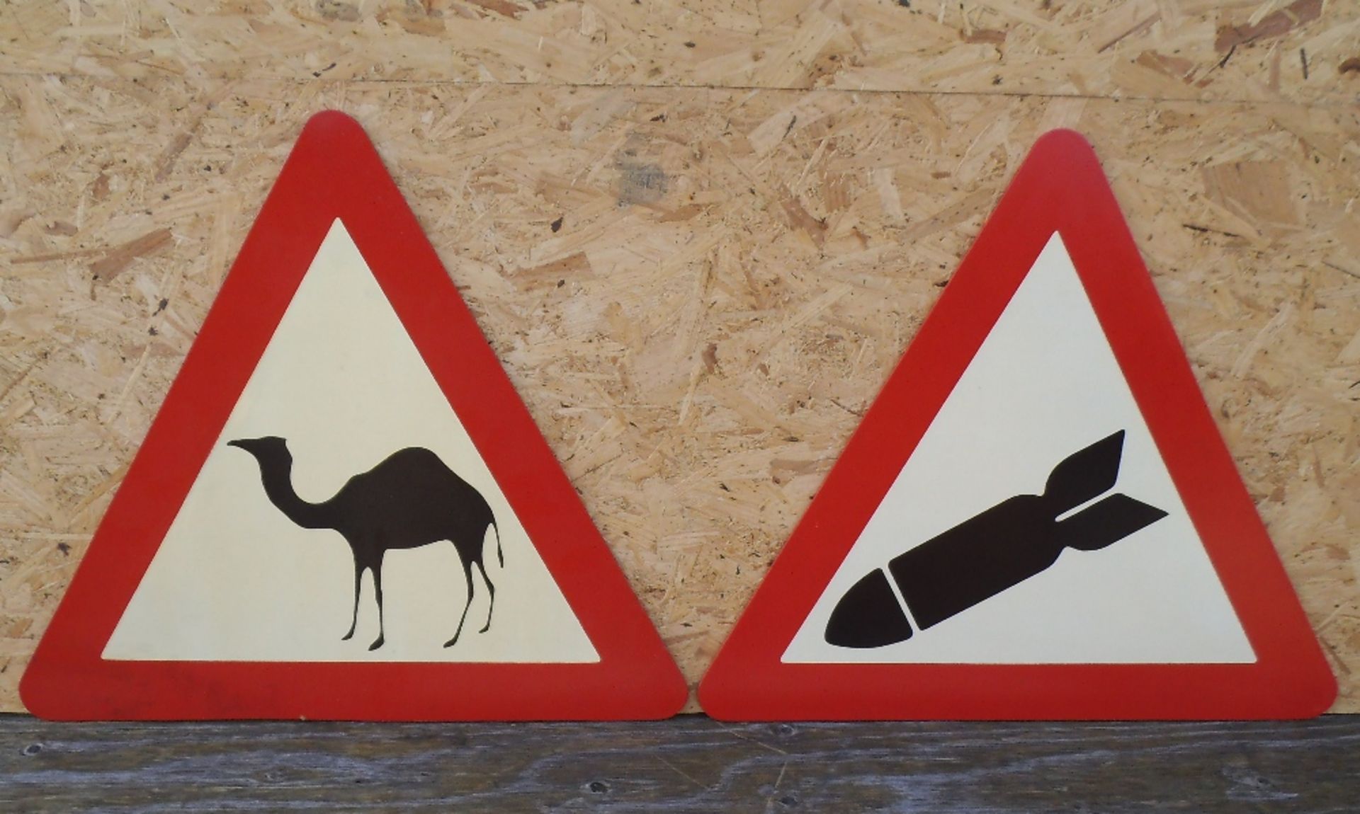 Reproduction beware signs, two of each, 65 x 58cm.