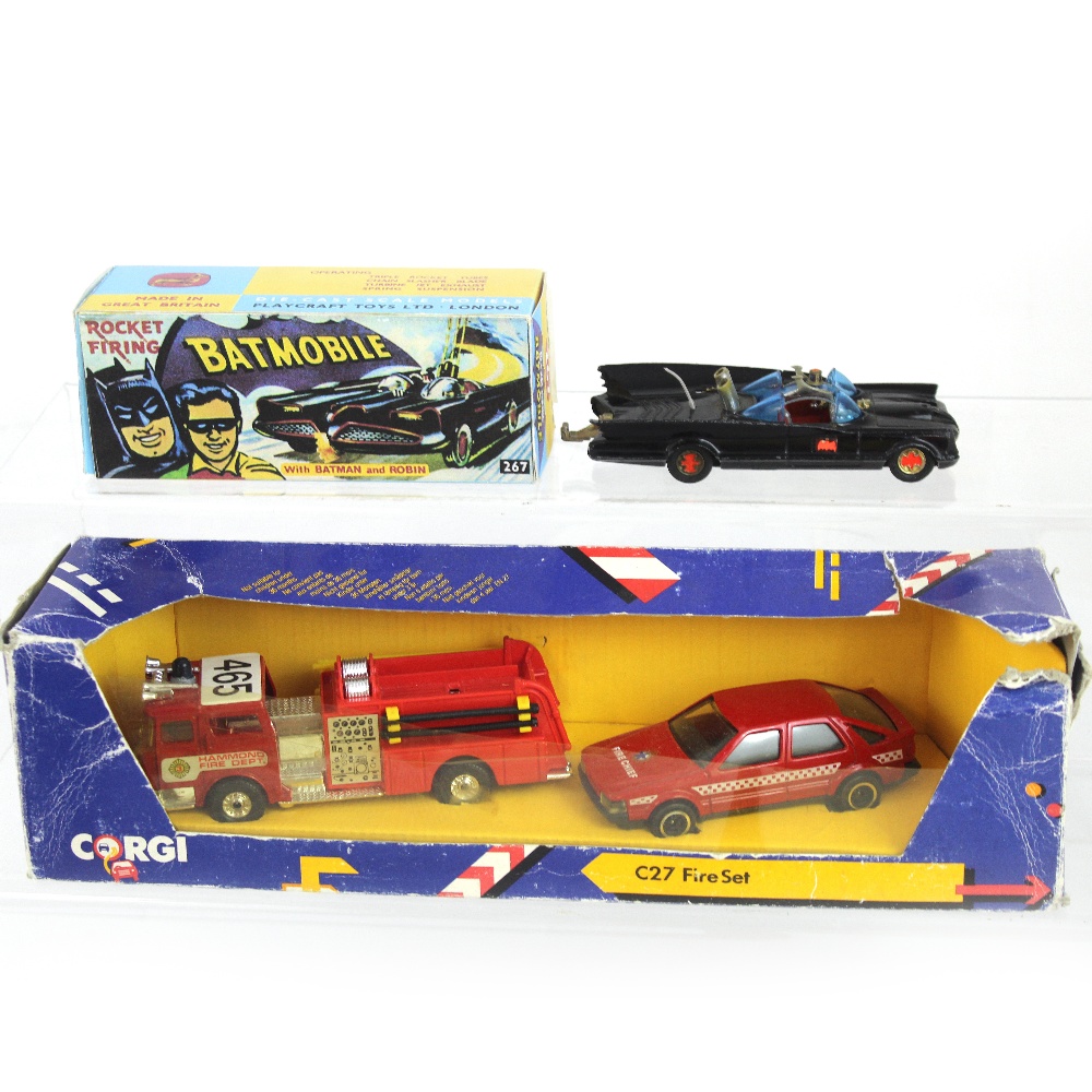 A boxed Corgi diecast model vehicle 'C27 Fire Set' and a 'Rocket-Firing Batmobile 267' in homemade