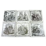 Six Liverpool Delft ware tiles c1757-61, believed to be printed by John Sadler,