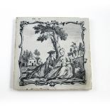 A c1760 Liverpool Delft ware tile with John Sadler printed scene of young scholar and shepherdess