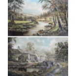 JOHN CORCORAN (born 1940); a pair of oil on canvas rural river scenes, one 'Wycoller',