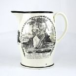 A c1780 Liverpool creamware jug decorated with comical scene to one side entitled 'Jack Spirit