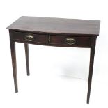 A late 19th century mahogany bow-front two-drawer side table on square tapering legs, width 81cm.