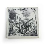 A c1760 Liverpool Delft ware tile with John Sadler print of a lady slipping off a see-saw, 12.