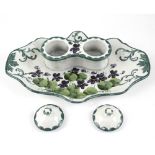 A Wemyss ware 'Violet' pattern ink stand with twin lidded ink compartments to a wave-edged dish,