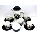 A Midwinter-style tea service to include teapot, four cups and saucers, a milk jug and a sugar bowl.