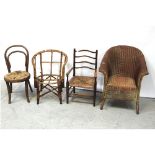 Four Victorian/Edwardian children's chairs to include a Lloyd Loom style basket chair,