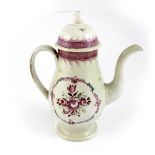 A late 18th century Liverpool creamware coffee pot with pink floral diaper pattern banding and