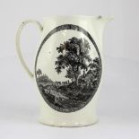 A c1780 Liverpool creamware hunt jug with monochrome bat-printed panel to one side depicting