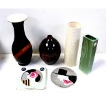 A small collection of mid-20th century pottery vases and plates to include a Dartmouth ribbed