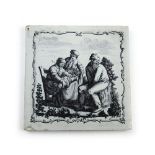 A c1760 Liverpool Delft ware tile with John Sadler printed scene of three men attempting to change