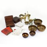 A group of Oriental and Indian brass and metalware to include a pair of contemporary Chinese brass