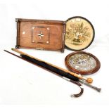 An inlaid rectangular tray, a bead work circular tray, a floral display, a walking stick, walking