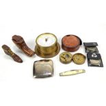 A small mixed group of collectors' items including Smiths barometer, a carved wooden snuff box in