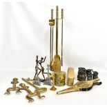 A quantity of metalware including brass companion set, figure, bellows, etc.