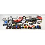 A group of loose model cars and vehicles including Burago Bugattis, Lancia Delta rally car, Mercedes