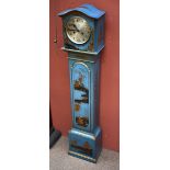 A reproduction blue lacquered clock with chinoiserie decoration, the silvered dial set with Arabic