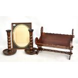 A pair of early 20th century oak ring turned candlesticks, a book trough and a picture frame (4).