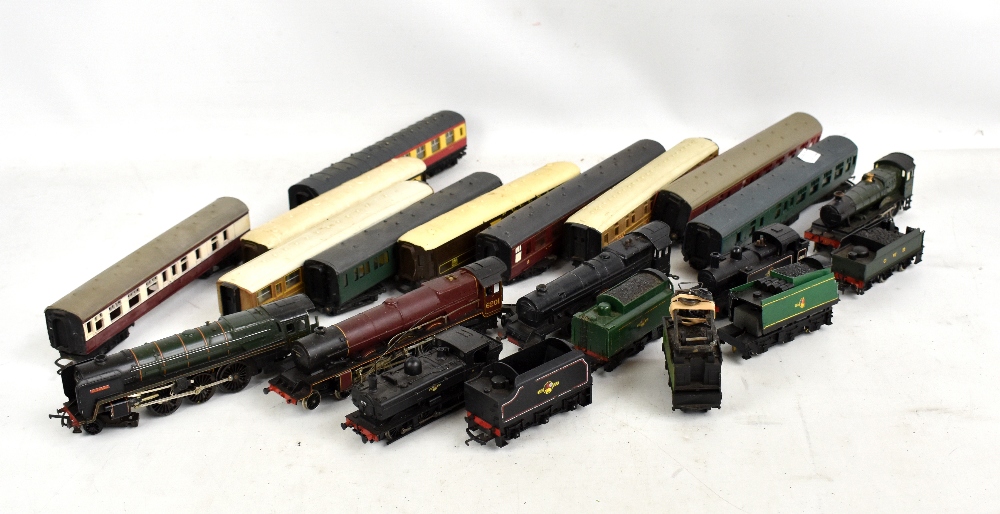 A group of trains and carriages, including Tri-ang Princess Victoria, Britannia, coal tender by