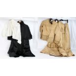 A group of early 20th century ladies' clothing including black cape and gold jacket, shirt and