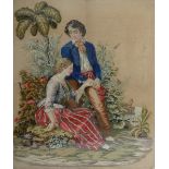 A large Victorian woolwork tapestry depicting a young couple in bird's eye maple veneered frame,