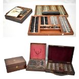 A set of vintage optician's testing equipment, a further cased example, rosewood box, etc.