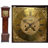 An early George III pollard oak eight day longcase clock, the caddy top above 12 inch brass dial