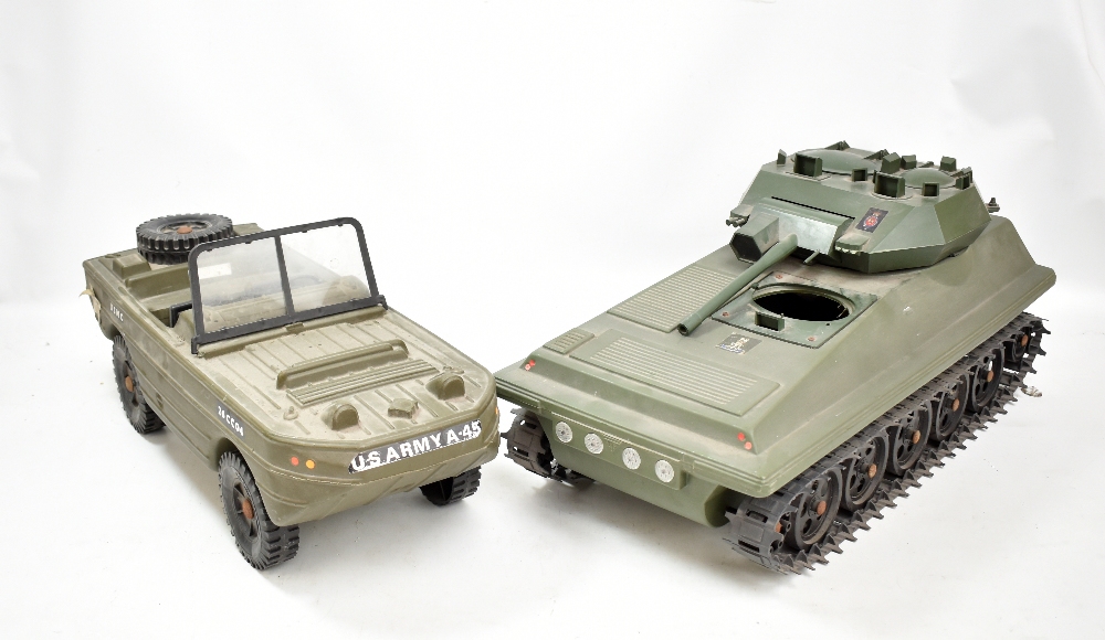 CHERILEA TOYS; a model army Jeep with decals and an unbranded tank with 'Action Man Transport